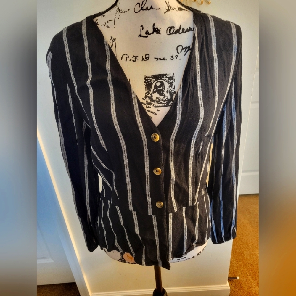 H&M Button Front Peplum Black/White Striped Blouse